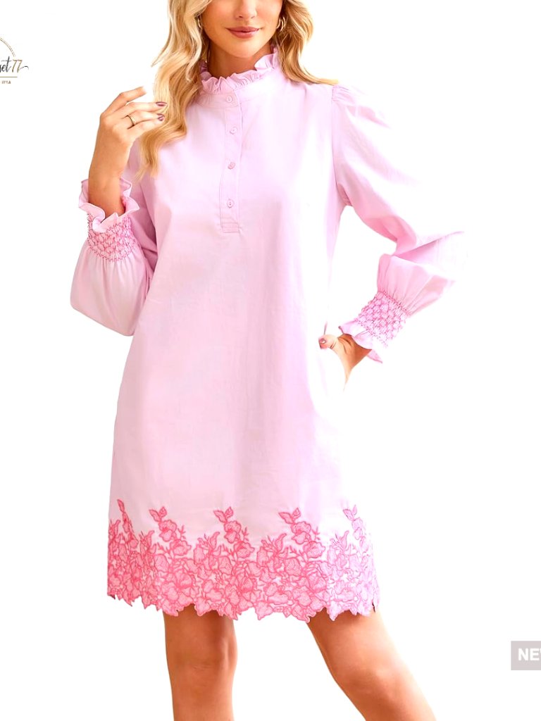 Long Sleeve Embroidered Mini Dress Puff Sleeve Button Front Shift